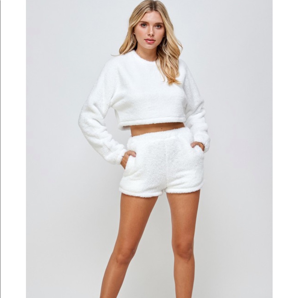 2 piece fuzzy sweater and short set